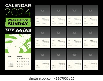 Calendario mensual y nota para 2024, la semana comienza el domingo, calendario con el estilo de diseño minimalista, tamaño A4-A3.