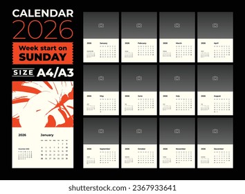 Monthly calendar and note for 2026, the week starts on Sunday, calendar in the style of minimalist design, A4-A3 size.
