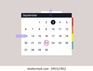 A monthly calendar with notes and bookmarks indicating different personal and business events