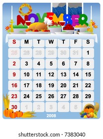 Monthly calendar November 1 - Vector file contains separate layers: US Style, start on Sunday + Europe Style, start in Monday.