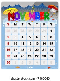 Monthly calendar November 2 - Vector file contains separate layers: US Style, start on Sunday + Europe Style, start in Monday.