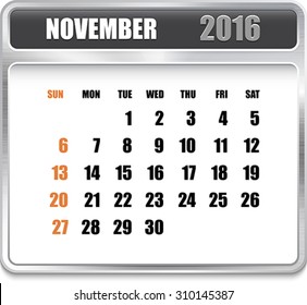 Monthly calendar for November 2016 on metallic plate, orange holidays. Can be used for business and office calendars, website design, prints etc. Vector Illustration