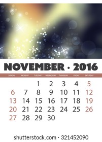 Monthly Calendar: November 2016 Template with Colorful Abstract Background. Vector Illustration.