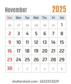 Calendário Mensal, novembro de 2025, ilustração vetorial isolada, eps