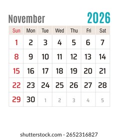 Calendário Mensal, novembro de 2026, ilustração vetorial isolada, eps