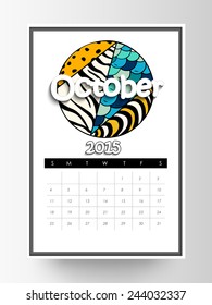Monthly calendar of October 2015 on white background.