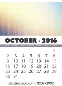 Calendário Mensal: outubro 2016 Modelo com fundo abstrato colorido. Ilustração de vetor.