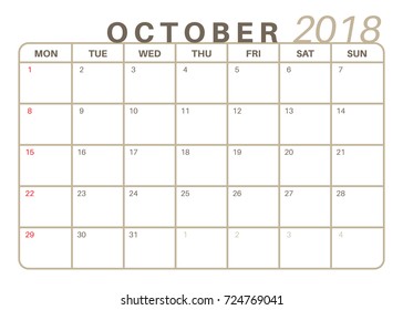 Monthly Calendar October 2018