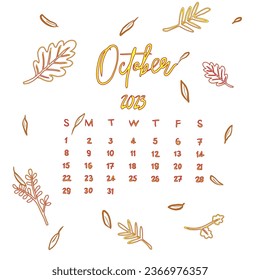 Calendario mensual para octubre de 2023, diseño del calendario vectorial