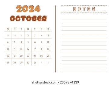 Monthly Calendar October 2024 with Side Notes