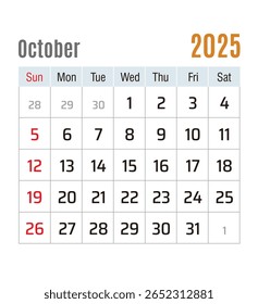 Calendário Mensal, outubro de 2025, ilustração vetorial isolada, eps