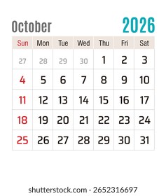 Calendário Mensal, outubro de 2026, ilustração vetorial isolada, eps