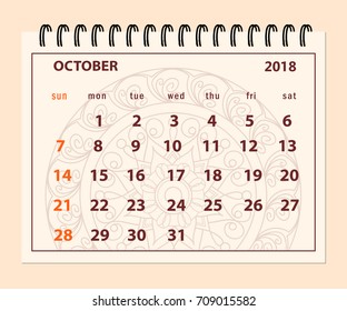 Monthly calendar October year 2018 on mandala background.  Layout a5 horizontal page of spiral calendar year 2018. English language. Week starts on Sunday. eps 10.