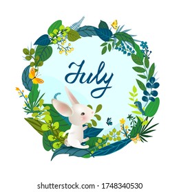 Monthly calendar page with hand drawn lettering July and cute rabbit. Summer round card or background with white hear, butterflies, caterpillars, leaves, grass - flowers. Vector illustration.