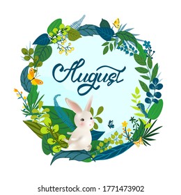 Monthly calendar page with hand drawn lettering August and cute rabbit. Summer round card or background with white hear, butterflies, caterpillars, leaves, grass - flowers. Vector illustration.