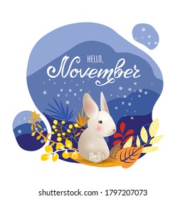Monthly calendar page with hand drawn text Hello November and cute character rabbit. Colorful fall card or background with white hear, yellow autumn leaves, grass and snow. Vector illustration.