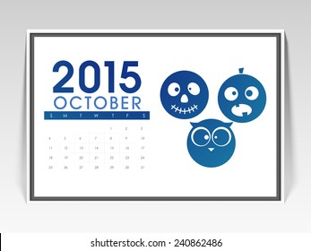 Monthly calendar page of October 2015 with scary faces for Halloween celebration.