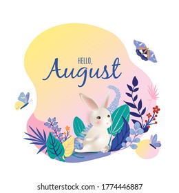 Página de calendario mensual con texto Hola agosto y bonito conejo de personajes. Colorida tarjeta de verano o fondo con oído blanco, bellas mariposas, hojas, hierba y flores. Ilustración vectorial.