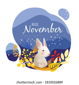 Monthly calendar page with text Hello November and cute character rabbit. Colorful fall card or background with white hear, yellow autumn leaves, grass and snow. Vector illustration.