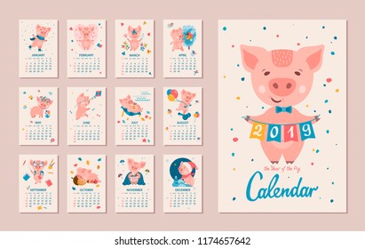 Calendário Mensal. Pig é um símbolo do Ano Novo chinês 2019. Porquinho bonito dos desenhos animados em diferentes situações. A semana começa na segunda-feira. Ilustração vetorial