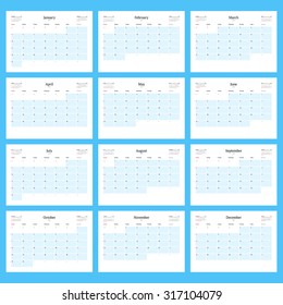 Monthly Calendar Planner for 2016. Print Template Set of 12 Months. Week Starts Sunday. Vector Illustration