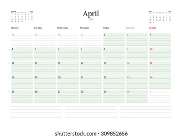 Monthly Calendar Planner 2016. Vector Print Template. April. Week Starts Monday