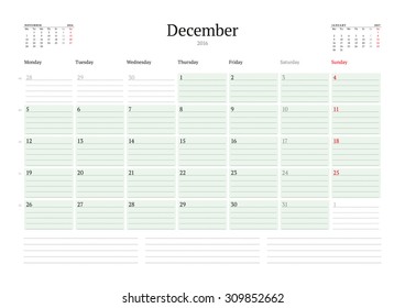 Monthly Calendar Planner 2016. Vector Print Template. December. Week Starts Monday