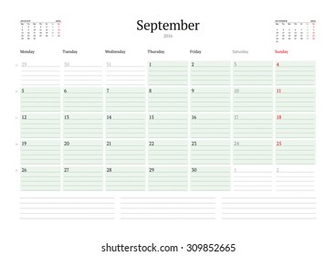 Monthly Calendar Planner 2016. Vector Print Template. September. Week Starts Monday