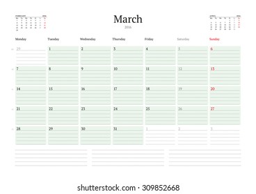 Monthly Calendar Planner 2016. Vector Print Template. March. Week Starts Monday