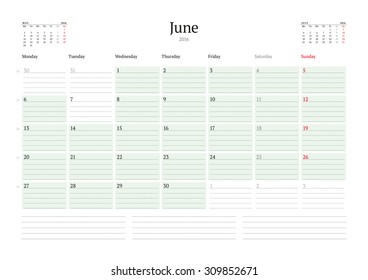 Monthly Calendar Planner 2016. Vector Print Template. June. Week Starts Monday