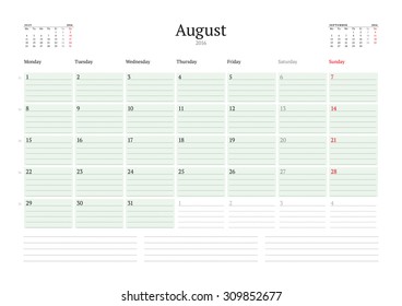 Monthly Calendar Planner 2016. Vector Print Template. August. Week Starts Monday