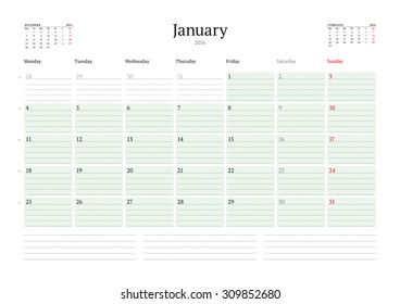 Monthly Calendar Planner 2016. Vector Print Template. January. Week Starts Monday