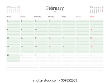 Monthly Calendar Planner 2016. Vector Print Template. February. Week Starts Monday