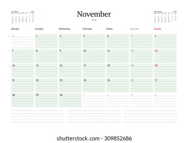 Monthly Calendar Planner 2016. Vector Print Template. November. Week Starts Monday