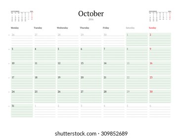 Monthly Calendar Planner 2016. Vector Print Template. October. Week Starts Monday