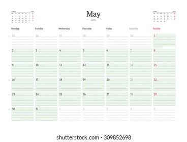 Monthly Calendar Planner 2016. Vector Print Template. May. Week Starts Monday