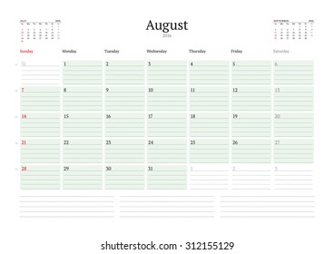 Monthly Calendar Planner 2016. Vector Print Template. August. Week Starts Sunday