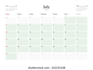 Monthly Calendar Planner 2016. Vector Print Template. July. Week Starts Sunday