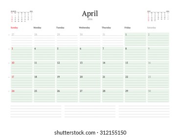 Monthly Calendar Planner 2016. Vector Print Template. April. Week Starts Sunday