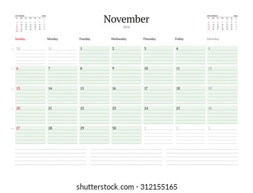 Monthly Calendar Planner 2016. Vector Print Template. November. Week Starts Sunday