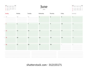 Monthly Calendar Planner 2016. Vector Print Template. June. Week Starts Sunday