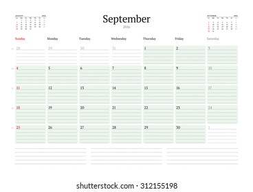 Monthly Calendar Planner 2016. Vector Print Template. September. Week Starts Sunday