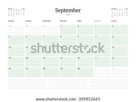 Monthly Calendar Planner 2016. Vector Print Template. September. Week Starts Monday
