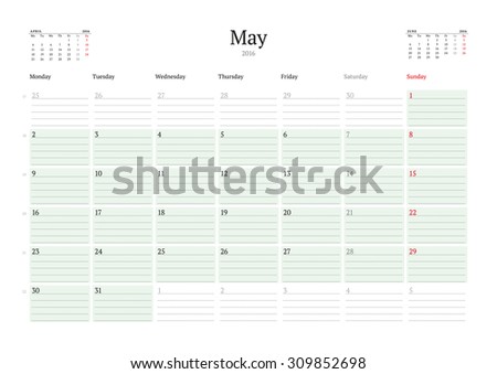 Monthly Calendar Planner 2016. Vector Print Template. May. Week Starts Monday