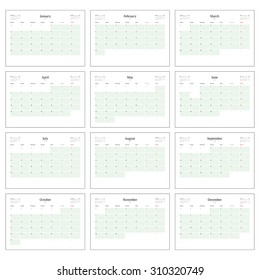 Monthly Calendar Planner for 2016 Year. Vector Design Print Template, 12 Months. Week Starts Monday.