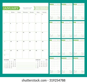 Monthly Calendar Planner for 2016 Year. Vector Design Print Template with Place for Notes. Week Starts Sunday. Portrait Orientation. Set of 12 Months