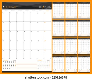 Monthly Calendar Planner for 2016 Year. Set of 12 Months. Week Starts Monday. Vector Design Print Template. 