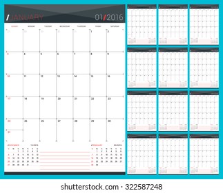 Monthly Calendar Planner for 2016 Year. Set of 12 Months. Week Starts Sunday. Vector Design Print Template. 