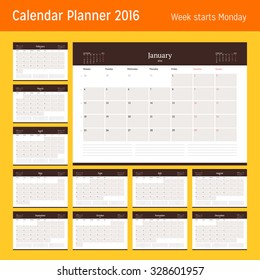 Monthly Calendar Planner for 2016 Year. Vector Design Print Template. Week Starts Monday. Set of 12 Months
