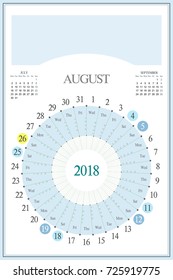 Monthly Calendar Planner for 2018, August. Highlighted saturday and sunday, full moon UTC, Christmas and Easter holidays. Timetable: 9, 12, 15, 18. Space for text, logo or image on the top.